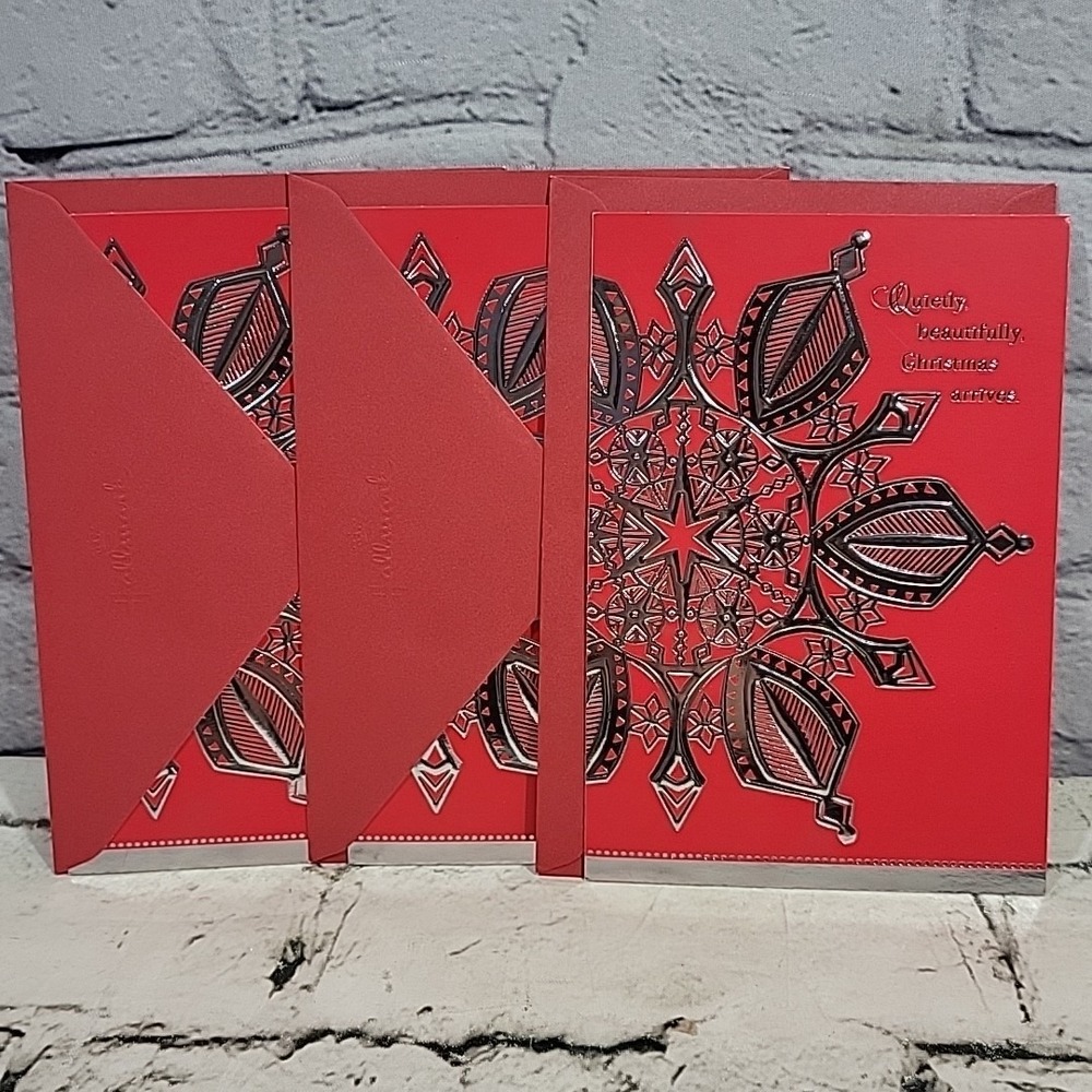 Hallmark Red Silver Snowflake Christmas Cards Lot Of 3‎ With Envelopes New
